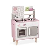 Janod - Cucina Giocattolo in Legno Macaron - Con Frigo e Forno a Microonde - Con Suoni - Imitazione e Sviluppo - 5 Accessori Inclusi - A Partire dai 3 Anni, J06567, Rosa e Bianco