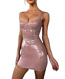 Gellmall Abito da donna clubwear in pelle PU, effetto bagnato, con spalline scoperte, senza maniche, mini abito da donna, Colore: rosa., XXL