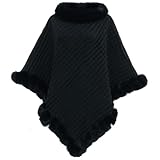 NLAND Poncho Donna Invernale Elegante Mantella Scialle in Maglia Girocollo Caldo Morbido Coprispalle Pelliccia Sintetica(Nero)