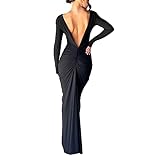 Loalirando Abito Lungo Donna Vestito Senza Schienale Donna Abito Elegante Manica Lunga Abito da Cerimonia Donna Abito da Festa Bodycon Abito Scollo a V Profondo Sera Cocktail (Nero, L)