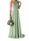 YIANN Abito da donna monospalla da damigella d onore lungo per matrimonio con tasche corpetto in pizzo una linea in chiffon abito da festa formale, Verde salvia, 52 Più