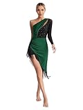 inlzdz Abiti da Ballo Donna Monospalla Vestito da Latino Americano con Nappa Vestiti da Tango Rumba Salsa Samba Valzer con Pantalocni Costume Danza del Ventre Verde S