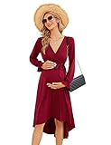 KOJOOIN Abito Premaman Elegante da Donna Abito Lungo per Allattamento Abito Premaman a Maniche Lunghe con Scollo a V con Cintura Rosso Vino (Manica Lunga) L