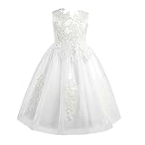 Freebily Vestito Bambina Elegante Lungo Abito Cerimonia Ragazza Bianco con Pizzo Floreale Vestito da Principessa Abito da Sposa Damigella Matrimonio Festa di Compleanno Avorio 8 Anni