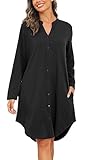 Vlazom Camicia da Notte Cotone, Camicia da Notte a Maniche Lunghe Camicia Notte Bottoni Davanti Camicie da Notte Donna Curvy, M, A-Nero