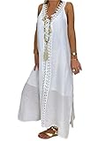 ORANDESIGNE Vestito Donna Estivo Lungo Elegante Curvy Vintage Abito Bretelle Pizzo Floreale Maxi Senza Maniche Vestitino Sciolto Vestiti Prendisole Casual Mare Spiaggia a Bianco XL