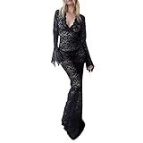 Loalirando Abito Lungo Donna Vestito Trasparente Donna Abito Elegante Manica Lunga Abito in Pizzo Floreale Donna Abito da Festa Bodycon da Sera Vestito da Cerimonia Festa (Nero, M)