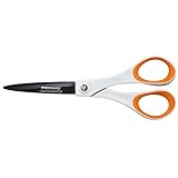 Fiskars Forbici universali antiaderenti, Lunghezza: 18 cm, Per destrorsi e mancini, Rivestimento in titanio/Lama in acciaio inossidabile/Impugnature in plastica, Bianco/Arancione, 1004720