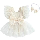 2 Pz Completo Elegante Bimba Tutina Estiva Neonata Manica Volant Vestito Neonata Cerimonia Abito Elegante Neonata Bodysuit Tutu Neonata in Pizzo Tutina in Tulle Battesimo+Fascia (Beige , 6-12 Months )