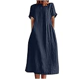 Vestito in Lino Donna Elegante Curvy Abiti Estivi Taglie Forti Girocollo Manica Corta Vestiti Casual Abito in Lino Eleganti Tinta Unita Vestito Boho Women s Dress Abito da Spiaggia Vestiti Primavera