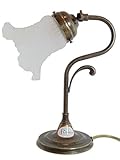 Lampada ottone brunito stile liberty per tavoli,comodini con vetro satinato bianco lmi5 Misure:H 29cm,profondità 22cm,Ø base 11,5cm.Le misure sono con vetro.Portalampade attacco Edison E14