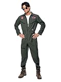 Smiffys Costume Top Gun, Verde, con tuta intera, targhette di identificazione e occhiali