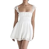 Loalirando Mini Abito Sexy Donna Vestito Corto Elegante in Pizzo Bianco Donna Abito Elegante Senza Manica Aderente Sexy Donna con Colletto Quadrato Abito Estivo Vintage Festa (Bianco, S)