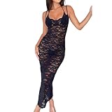 MAHUAOYIXI Vestito Lungo Donna Aderente Elegante Ragazza in Pizzo Floreale Vestito da Cocktail Senza Maniche Slim Senza Schienale Trasparente Bodycon Scollo a V Sexy Abito da Sera Casual (Nero A, L)