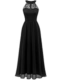 Wedtrend - Abito da sera da donna, lungo, con allacciatura al collo, abito da cocktail, elegante, per matrimonio, laurea, in pizzo e chiffon, Nero , S