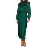 Odizli Abito da donna elegante a maniche lunghe, con collo alto, in raso, per matrimonio, autunno, inverno, da sera, verde scuro, M