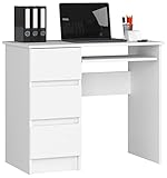 Scrivania A-6 Con Ripiano per Tastiera e 3 Cassetti a Sinistra o a Destra | Scrittoio per Ufficio | Scrivania per Computer PC Laptop| Salvaspazio | L90xH77xP50 cm 30 kg | Bianco