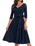 Bbonlinedress Abiti delle Signore Festive Elegante 3/4 Manica Hollow out Pizzo Abito Scollatura a V Midi Abito Casual Abiti da Sera Elegante per Abito da Sposa Estivo Navy L