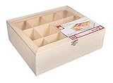 Rayher 62972505 Scatola Porta Bustine Tè Tisane In Legno Grezzo Naturale, 28.5X23.5X9Cm, 12 Scomparti, Coperchio In Vetro Acrilico, Decorare E Personalizzare, Beige, 240 grammi