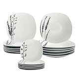 Virsus Servizio di Piatti QUADRATI per 6 Persone 7106, 18 Piatti in Porcellana color Bianco con Righe, Set composto da Piatto Fondo Diam.20,5cm, Piatto Piano Diam.24cm e Piattino Dessert Diam.19cm