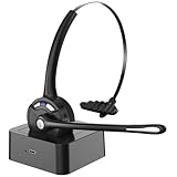 Caymuller Auricolare Bluetooth con microfono, cuffie on-ear wireless con cancellazione del rumore e base di ricarica, pulsante mute per laptop, Skype, call center, ufficio, camionista