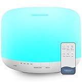 500ml Diffusore di Oli Essenziali, Senza BPA Umidificatore ad Ultrasuoni con Telecomando e 7 Diverse Luci Mutevoli -Spegnimento Automatico Senza Acqua,Bianco