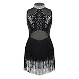 TiaoBug Ragazza Vestito da Latino Leotard di Nappa Latino Americano Body da Danza Paillettes Dancewear Allenamento con Fiore Amovibile Frange Vestito dalla Frangia Nero 8 Anni