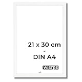 WIETRE Cornice portafoto A4, 21 x 30 cm, in legno MDF bianco, cornice per poster, vetro acrilico infrangibile, da appendere e appoggiare, per foto, immagini e poster