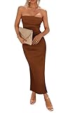 CUIYANG Womens Summer Bodycon Maxi Tube Dress Ribbed Strapless Side Slit Long Going out Casual Elegant Party Dresses(Coffee,M)