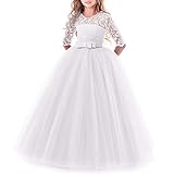 Vestito Elegante da Ragazza Festa Cerimonia Matrimonio Damigella Donna Sposa Prima Comunione Battesimo Carnevale Cocktail Ballerina Prom Abiti Lunghi Estivo per Bambini Bianca 11-12 Anni