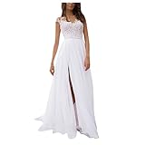 CreoQIJI Abito da sposa da donna, in chiffon, elegante, da sera, sexy, con spalle scoperte, senza maniche, a vita alta, con spacco laterale a terra, lunghezza da ballo, maxi abito da sera, bianco, XL