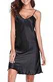 Wikoan Camicie da Notte da Donna in Raso con Spalline Regolabili Chemise Slip Sexy Sottoveste Seta Scollo a V Babydoll,Nero,XXL