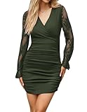 JENJON Donna Vestiti con Scollo a V Maniche in Pizzo Elegante Manica Lunga Abito Avvolgente Casual a Vita Alta Autunno Inverno Verde S