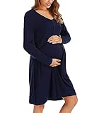 Bresdk Camicia da Notte Parto Ospedale Donna Camicie da Notte Allattamento a Maniche Lunghe Vestiti Premaman Eleganti Invernali con Bottone, Manica Lunga - Bottone - Blu, L