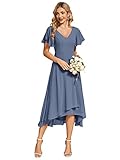 Ever-Pretty Vestito da Damigella d Onore Maniche Corte Linea A Chiffon Scollo a V Stile Impero Chiffon Abito Elegante Donna Cerimonia Denim Blu 46