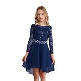 YiZYiF Vestito Bambina Elegante Lungo Abito Cerimonia Ragazza Vestito Principessa in Pizzo Manica Mezza Abito de Festa Sposa di Compleanno Blu Scuro 11-12 Anni