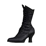 Stivali Donna con Tacco Vintage Stringate Stivali Texani Donna Retro Gothic Stivali Donna Invernali Classici a Punta Ankle Boots Punk in Pelle Stivaletti Traforati Western Anfibi Neri Vittoriani