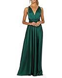 ORANDESIGNE Abito da Sera Donna Abito Lungo in Raso Senza Maniche Scollo a V Profondo Schienale Elegante Sexy Abito da Cocktail Festa Sposa Damigella Vestito a Fessura Cravatta A Verde M