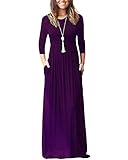 WNEEDU Vestito Lungo Donna Maniche Lunghe Vestito Maxi Abito Manica 3/4 Scollo Rotondo Elegante Vestito Autunno Invernale Primavera Casual con Tasche Viola M