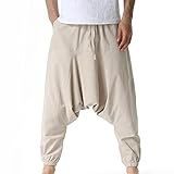 Pantaloni harem da uomo in cotone (orlo irregolare), pantaloni da jogging da uomo a cavallo basso comodi elastici a vita media pantaloni casual hippie Tancksuit gamba larga pantaloni leggeri con