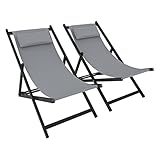 Set di 2 Sedie Sdraio Leggera Da Giardino Schienale Regolabile 5 Posizioni Pieghevole Ergonomica Con Cuscino Traspirante Struttura Nera In Alluminio Da Esterno Piscina Mare Portata 160 Kg (Grigio)