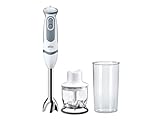 Braun Minipimer MQ5220WH con 5 ANNI DI ASSISTENZA, MultiQuick5 Frullatore ad Immersione, 21 velocità, Tecnologia Tedesca, Impugnatura ergonomica, Dotato di tritatutto 350ml e Bicchiere 600ml, 1000W