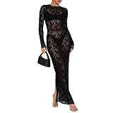 Geagodelia Abito da Donna in Pizzo Elegante Abito Lungo a Manica Lunga Vintage See-Through Vestito Lungo Sexy Abito per Festa Cerimonia (Nero, S)