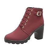 ticticlily Stivaletti Donna con Tacco Stivali Invernali Bassi Boots Pelle Tacco Scarpe Piatto Fibbia Eleganti Autunno Ankle Boots A Vino Rosso 39 EU