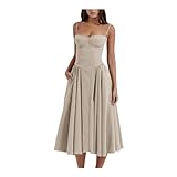 SARAYO Stylish Vintage Corset Dress for Women,Elegant Sleeveless Spaghetti Straps Square Neck Flowy Beach Dresses with Pockets (Apricot, 2XL)