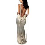 FeMereina Abito lungo lungo senza schienale da donna tagliato a maglia Halter Tie Back Abiti lunghi scollo a V Strappy Bodycon Cocktail Party Dress, White#1, S