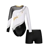 Freebily Body da Danza Classica Bambina Ginnastica Artistica con Pantaloncini Sportivi Balletto Body da Pattinaggio Artistico Lucido con Strass Leotards Maniche Lunghe Bianco 11-12 anni