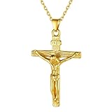 Collana Bracciale Crocifissa Uomo Cindolo di Croce Gesù INRI Cristo, Acciaio Inossidabile/Placcato Oro 18K, Collana Croce in Acciaio Inossidabile per Uomo Donna,Gioielli Cristiani Crocifisso