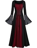 Abiti Medievali Donna Maniche Lunghe Abito Vittoriano Donna Vestito Gotico Steampunk Rinascimento Donna Abbigliamento Costume Strega per Carnevale Halloween Cosplay Rosso XL