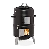 Relaxdays Affumicatore Verticale 3in1, Grigliare, Affumicare & Cuocere, Termometro & Cappa, Barbecue Smoker,∅ 40 cm,Nero